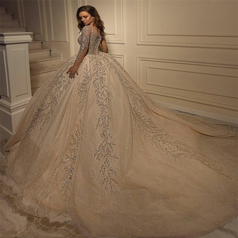 Luxury Ball Gown Wedding Dresses Arabic Dubai Glitter Crystal Sequins Beads Appliqued Lace Bridal Gowns Chic Long Sleeves Vestidos De Novia