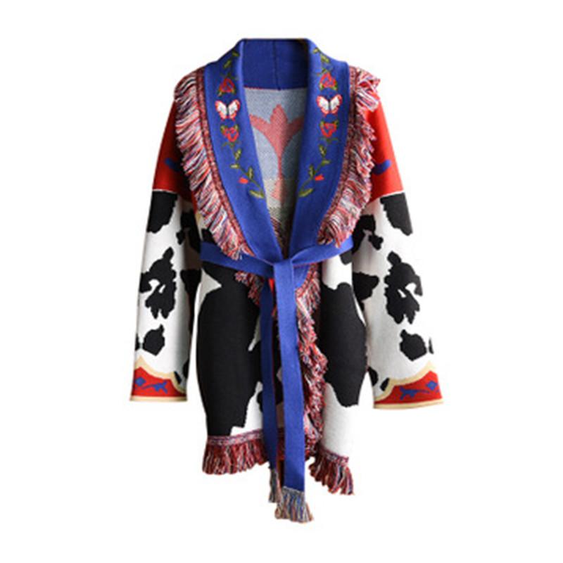 Women's Knits & Tees Boho Inspired Jacquard Cashmere Belted Cardigan Women Warm Fringed Winter Coat Oversized Long Sleeve Sweater