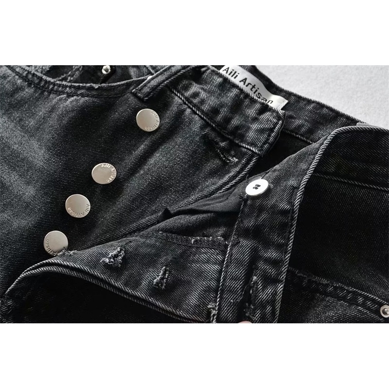 Women Asymmetric Fly Jeans With Button Closure Split Waist Straight Leg Jeans 201109