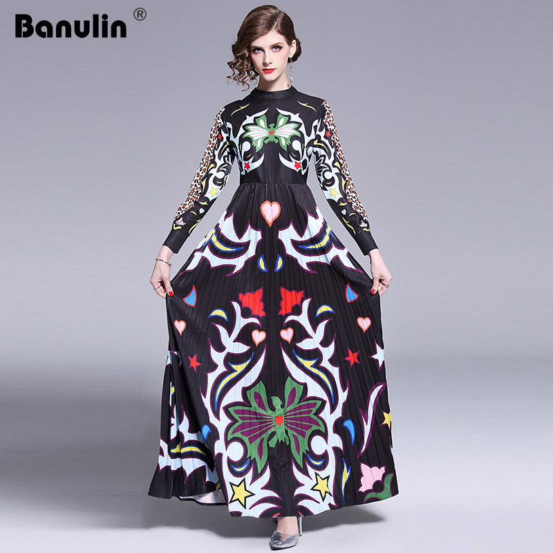 Banulin Runway Long Maxi Dress Women High Quality Charming Floral Long Sleeve Patchwork Elegant Vintage Floor Length Dress T200320