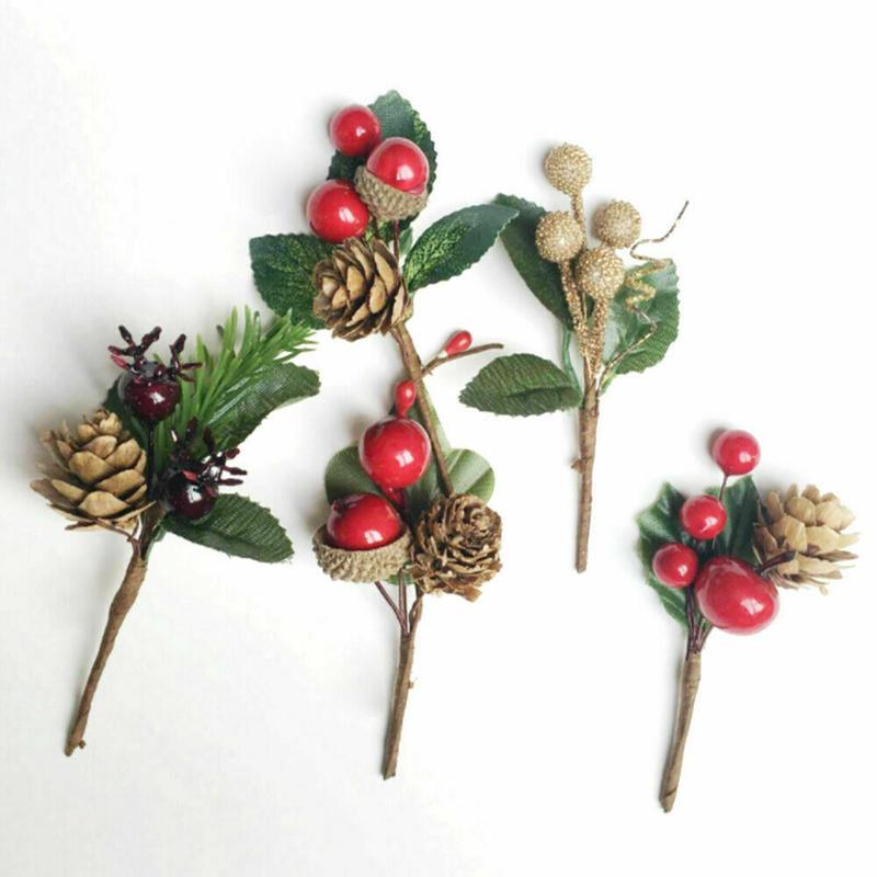 

15PCS Artificial Flower Christmas Red Berry Pine Cone Holly Branch Greeting Card Gift Packing Holiday Decor, Photo color