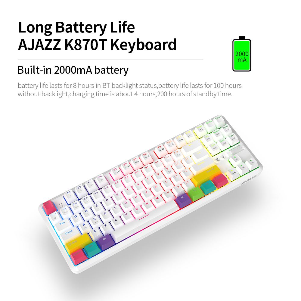 AJAZZ K870T BT&Wired Dual Mode Keyboard RGB 87 Keys 2000mA Mechanical Game Keyboard for Phone/Tablet/PC White for Windows
AJAZZ K870T BT&Wired Dual Mode Keyboard RGB 87 Keys 2000mA Mechanical Game Keyboard for Phone/Tablet/PC White for Windows