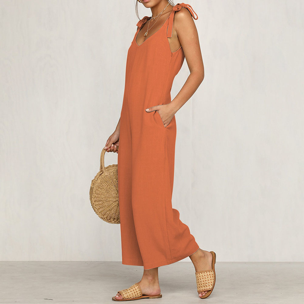 Sexy Solid Backless jumpsuits women V neck spaghetti strap long overalls Summer beach loose female jumpsuit 2019 T200303