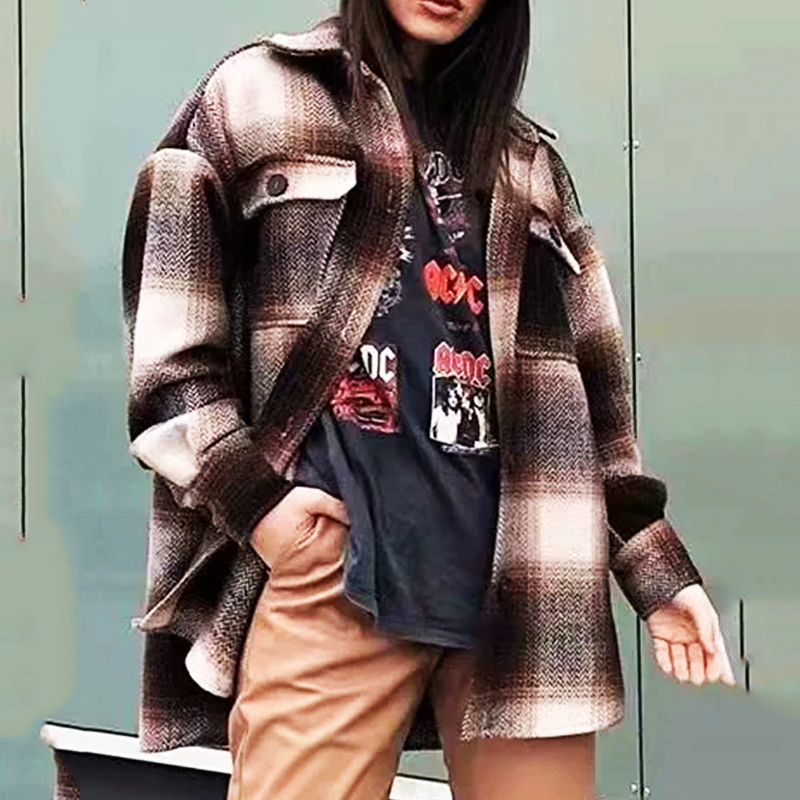 Fall Clothes for Women Shirt Woolen Coat New Autumn and Winter Fashion Black and White Lattices Overcoat for Women jackets 201112