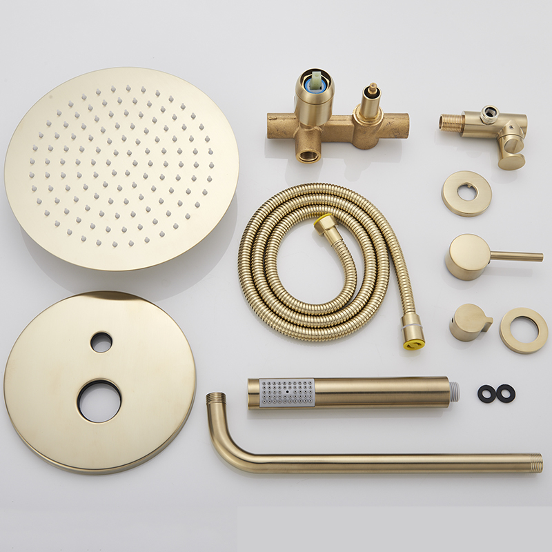 Luxurious Brushed Gold Mixer Rotate Tub Spout Wall Mount Rainfall Head Hand Shower Faucet 1011