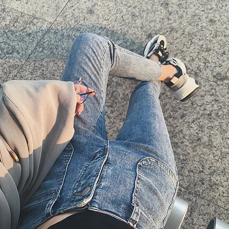 Korean vintage high waist elastic skinny jeans women streetwear tight denim straight leg ankle-length pants slim pencil trousers 201030