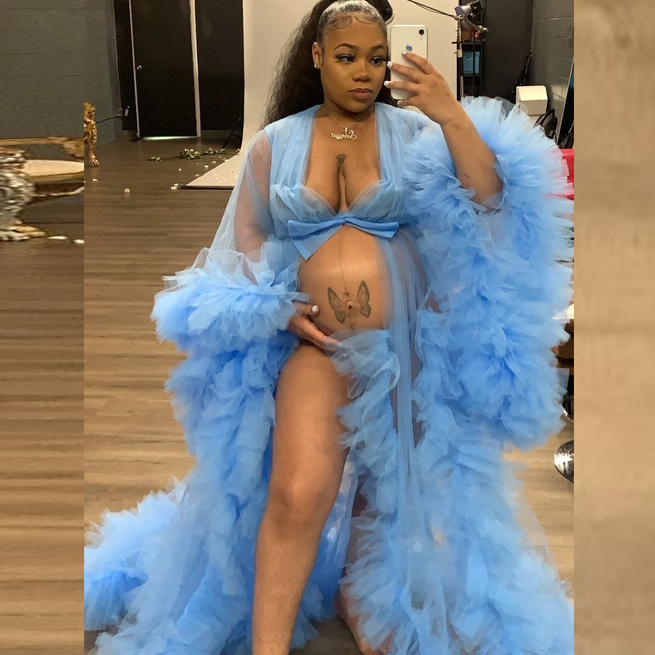 Bridal Fluffy Tulle Maternity Robes Custom Made Sky Blue Women Long Tulle Dresses Photo Shoot Beach Birthday Party Bathrobe Sleepwear