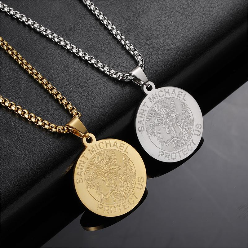 Pendant Necklaces Stainless Steel Saint Michael Necklace Gold Silver Round Medallion Colar Masculino For Men Religious Jewelry
Pendant Necklaces Stainless Steel Saint Michael Necklace Gold Silver Round Medallion Colar Masculino For Men Religious Jewelry