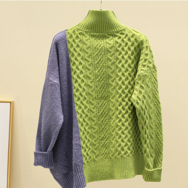 Women's Contrast Patchwork Half Turtleneck Sweater Women's Winter Korean Loose Turtleneck Student Knit Sweaters Pullovers ML209 201224