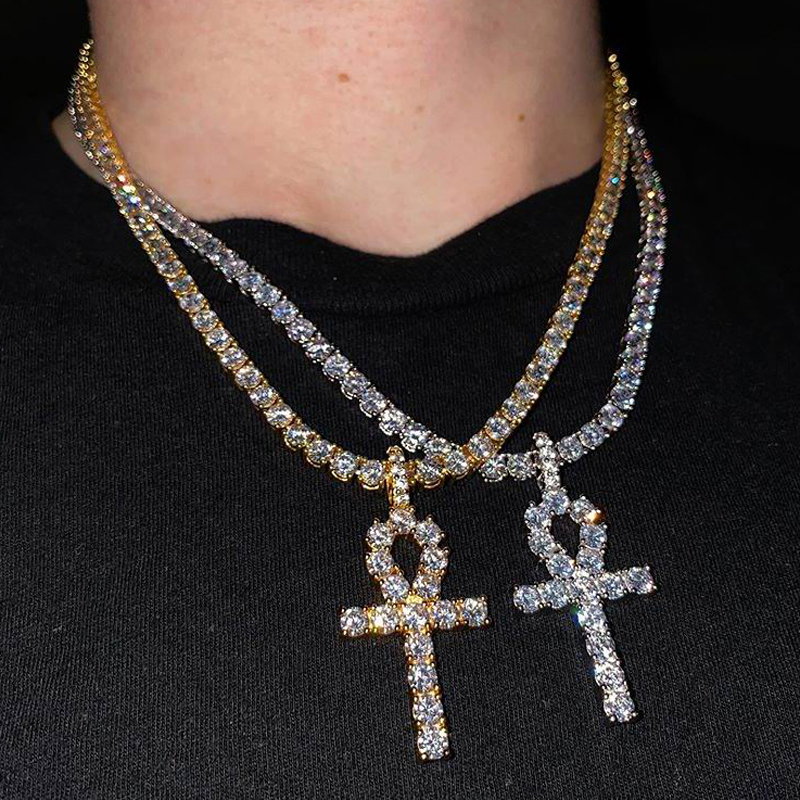 Iced out cross charm necklace for boy long tennis chain necklaces with gold silver plated x shape pendant for mens hip hop jewelry