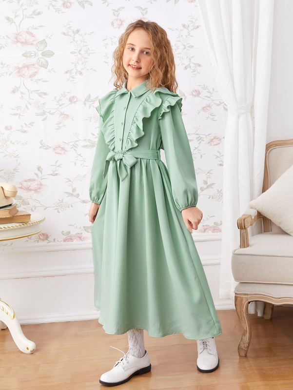 Girls Bishop Sleeve Ruffle Trim Belted Dress SHE