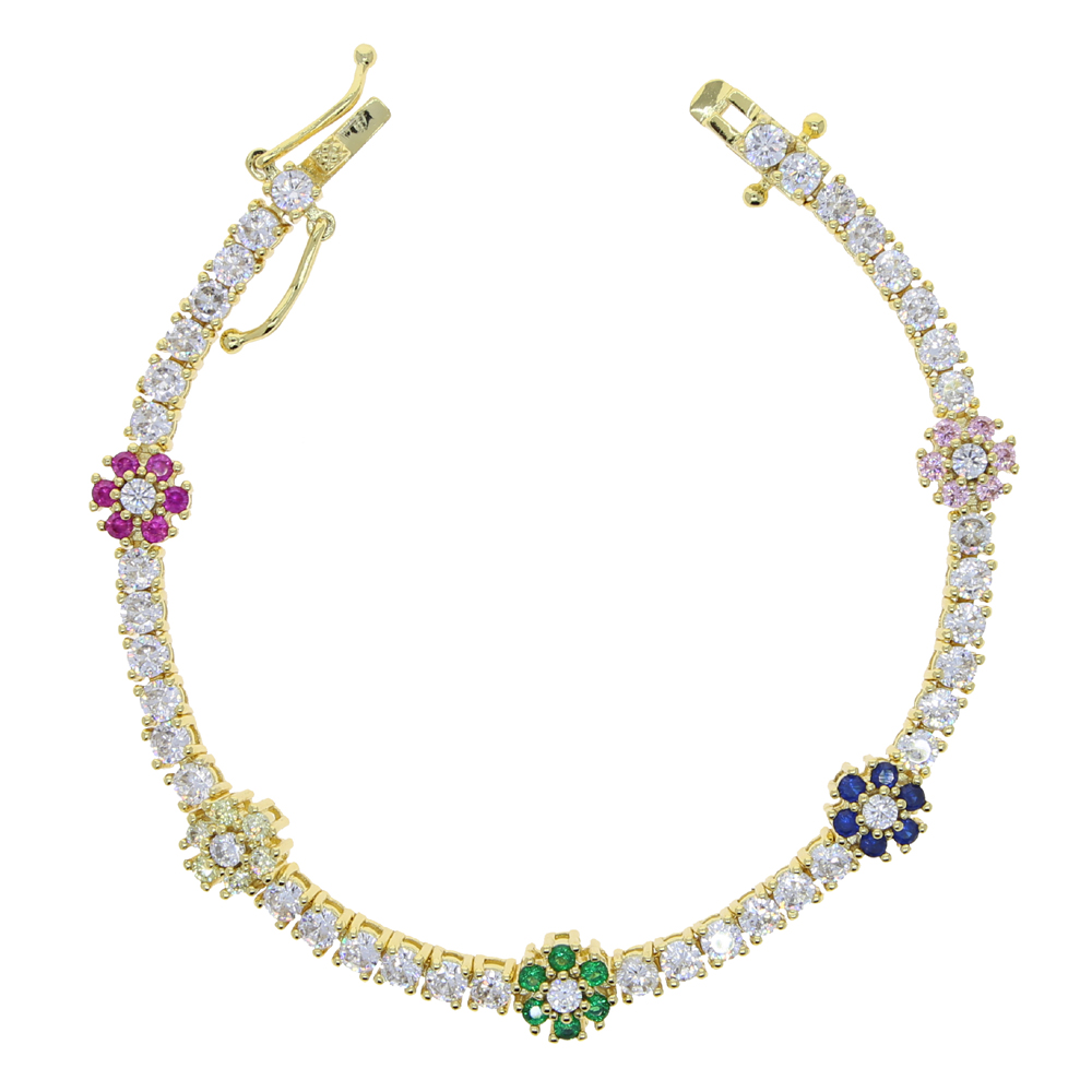 2021 New Arrived Blue Cz Colorful Flower Tennis Link Chain Bracelet for Women Girls Iced Out Bling Cz Paved Daisy Flower Bracelets