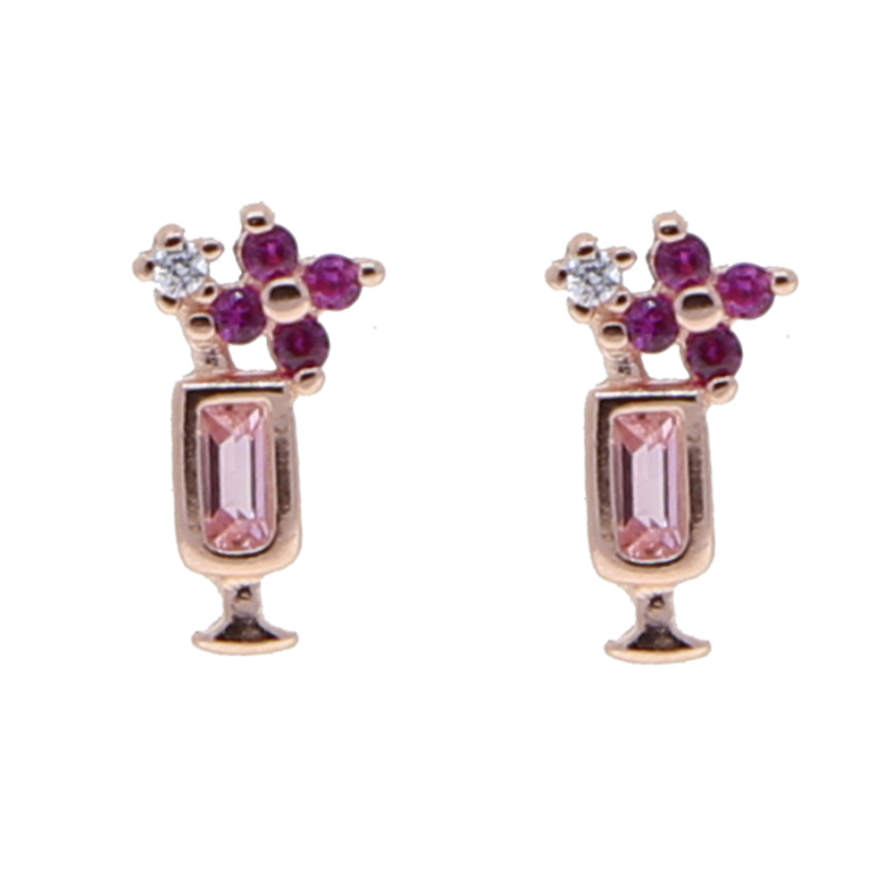 Fashion 925 sterling silver pink heart cup nail charm stud earring with rose gold color plated mini cute earrings for women girl