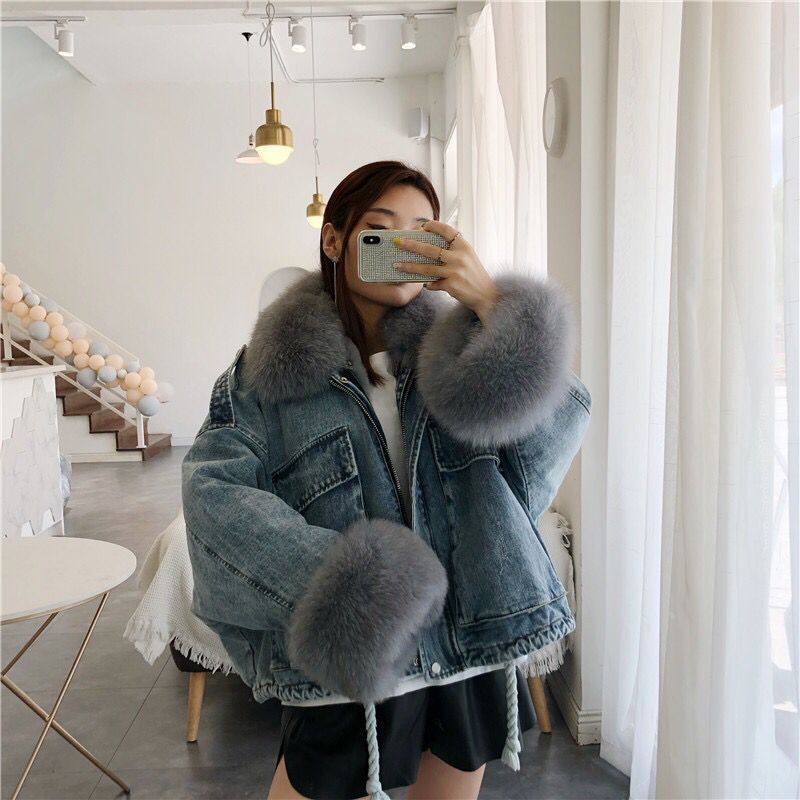 NEW winter velvet thick denim jacket female big fur collar Korean locomotive lamb coat female student short coat XXXL 4XL T200212