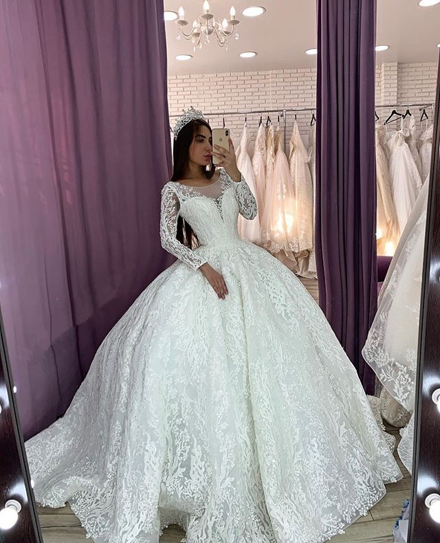 Robes De Mariée Ball Gown Wedding Dresses 2021 Luxury Lace Applique Lace-up Corset Back Chapel Train Long sleeve Princess Wedding Gown