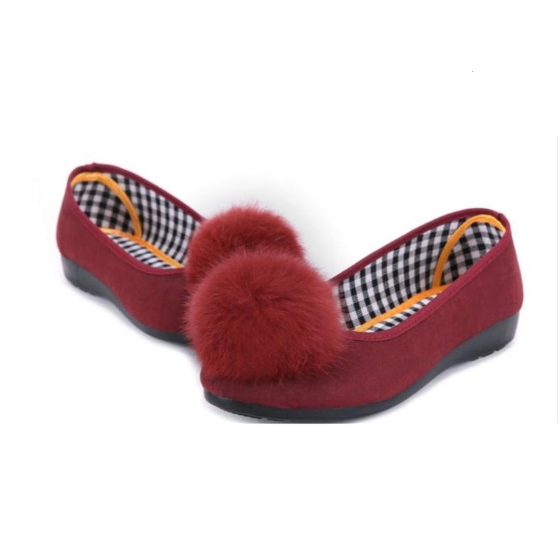 2021 New Free Send Cloth Spring and Autumn Hair Ball Single Shoes Women Flat Bottom 1W3V, Red