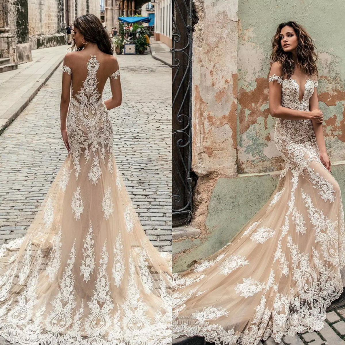 2022 Champagne Vintage Lace Mermaid Wedding Dress Sheer Jewel Neckline Fake Off Shoulder Bridal Gowns Court Train Sexy Boho Beach Wedding Dresses Robe