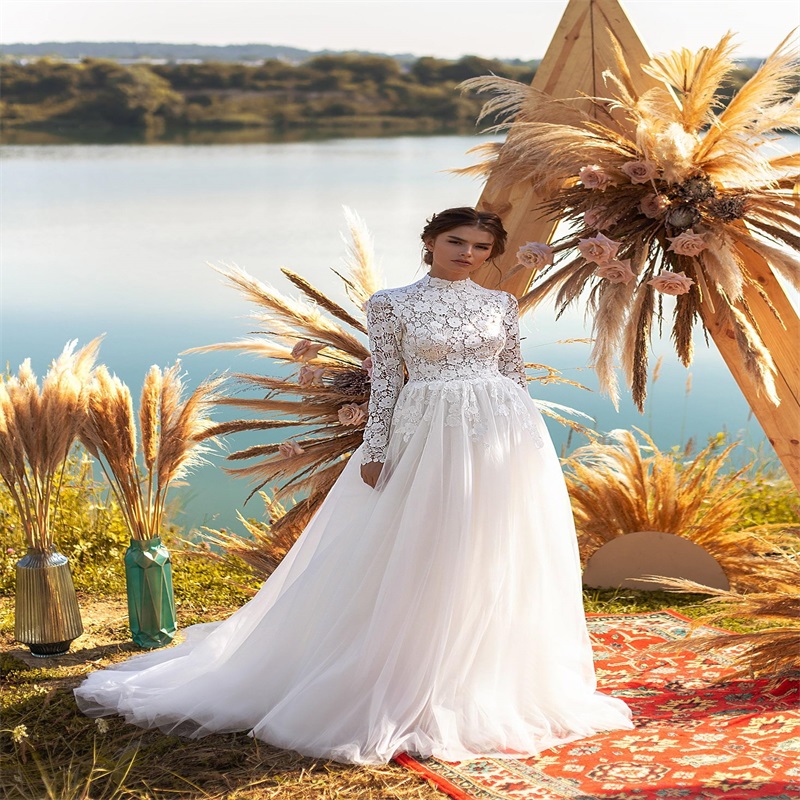 High Neck Wedding Dresses Long Sleeves Bridal Gowns Full Lace Sweep Train Boho Custom Made Soft Tulle Vestido De Novia