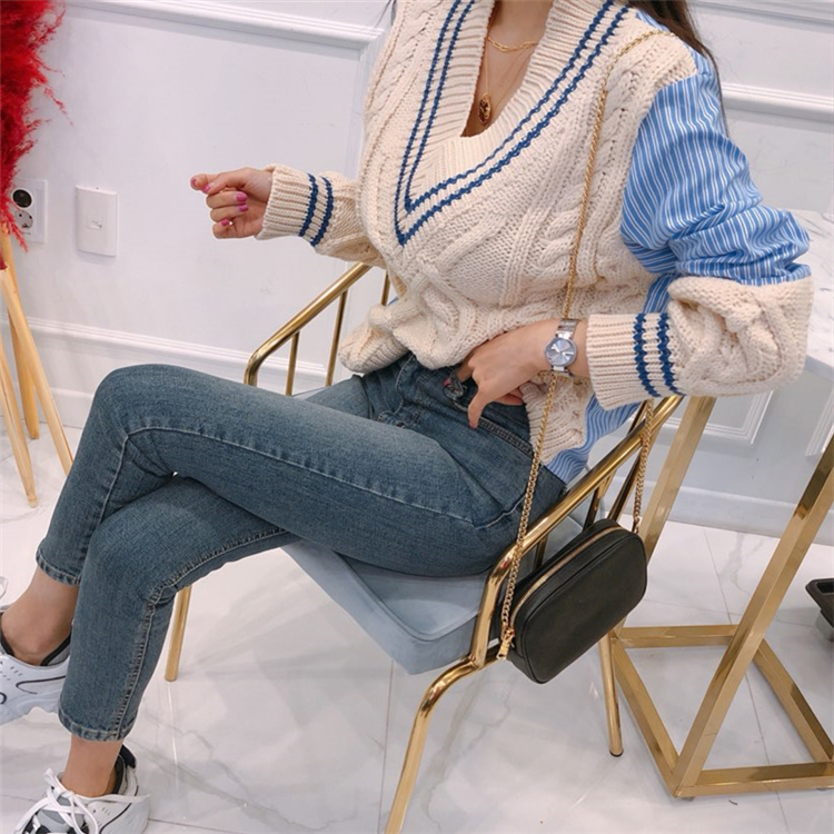 Colorfaith Autumn Winter Women's Sweaters Patchwork Srtiped V-Neck pullover Stylish Knitted Korean Female Jumpers SW1703 201111wtt