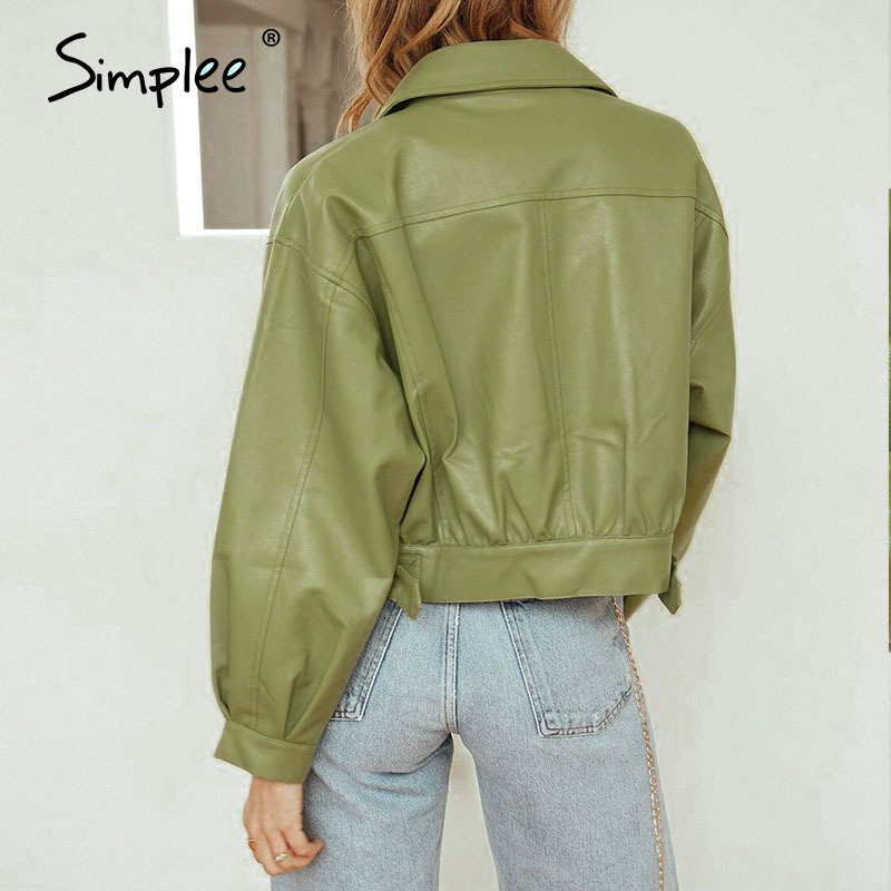 Simplee Casual faux leather jacket women Fashion green motorcycle pocket female leather coat High street short ladies jackets 201023