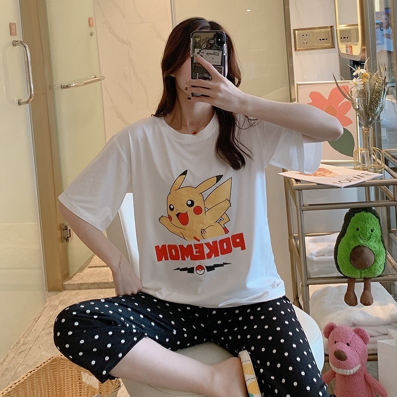 2020 Summer Short Sleeve Knee Length Pajama Sets for Women Cute Cartoon Sleepwear Suit Pyjama Homewear Pijama Mujer Home Clothes T200429