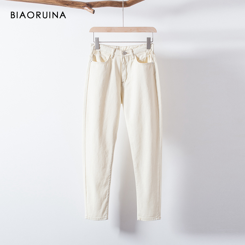 BIAORUINA Women's Washing Light Blue Bleached Jeans Female Fashion High Waist Straight Jeans Ladies Casual Streetwear Jeans 201105