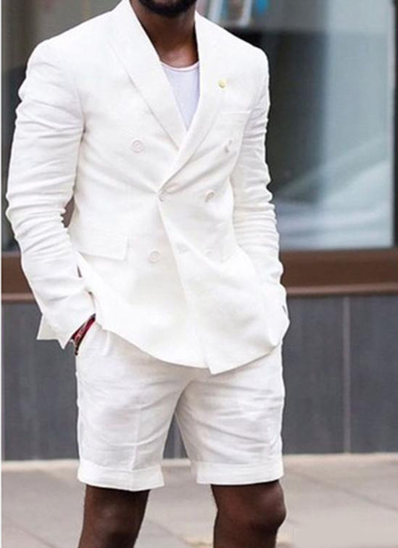 White Linen Man Suits with Double Breasted Blazer Short Pants Two Piece Summer Casual Style Male Jacket Wedding Groom Tuxedos