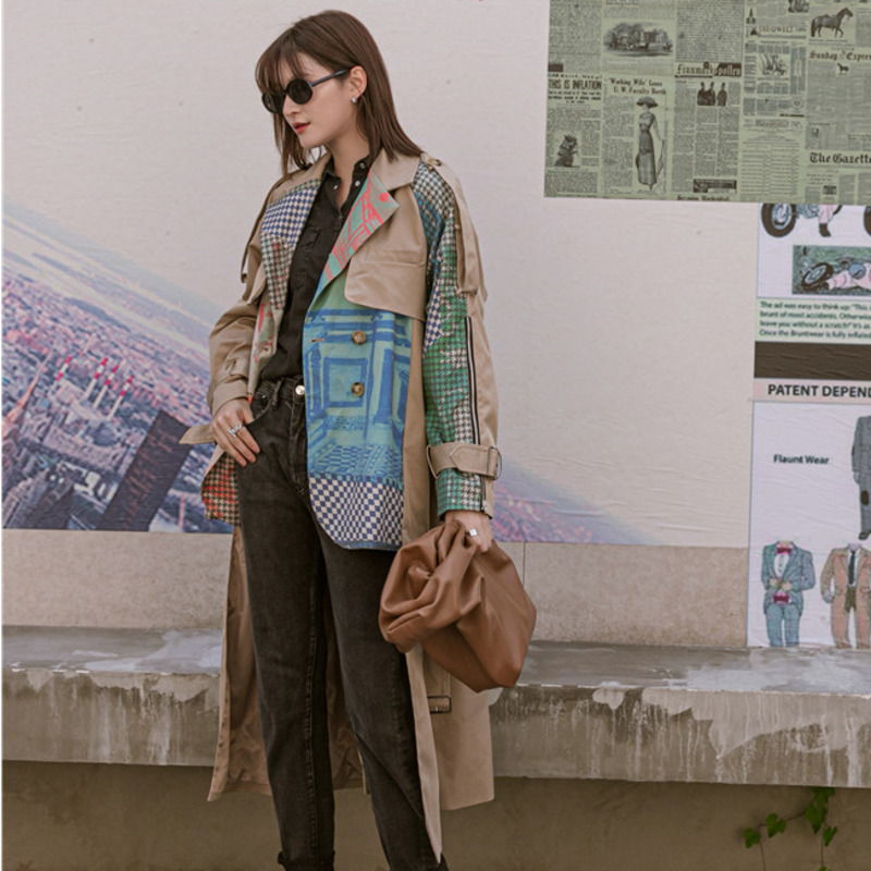 TVVOVVIN Spring New Long-sleeved Abstract Pattern Printing Stitching Fashion Ladies Irregular Hem Khaki Trench Coat KBV8 201102