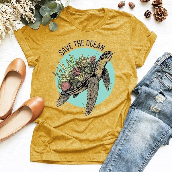 SAVE THE OCEAN Letter Sea Turtle Growing Coral Print T shirt Women Cute Graphic Tshirts Causal Harajuku Vintage Ladies T-shirt