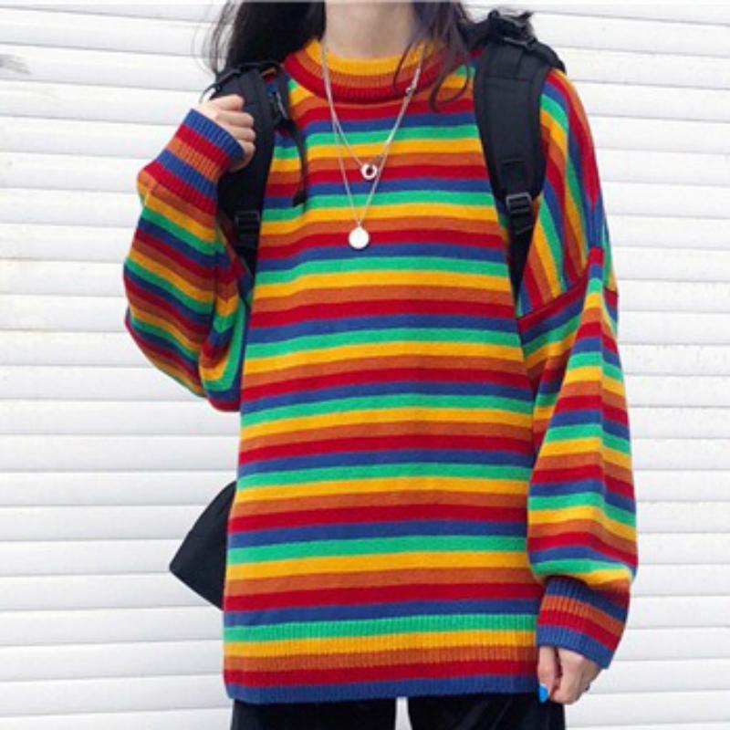 20 autumn and winter new hot style Korean casual striped loose round neck pullover knit sweater outer wear fashionable look thin, Rainbow colors
20 autumn and winter new hot style Korean casual striped loose round neck pullover knit sweater outer wear fashionable look thin, Rainbow colors