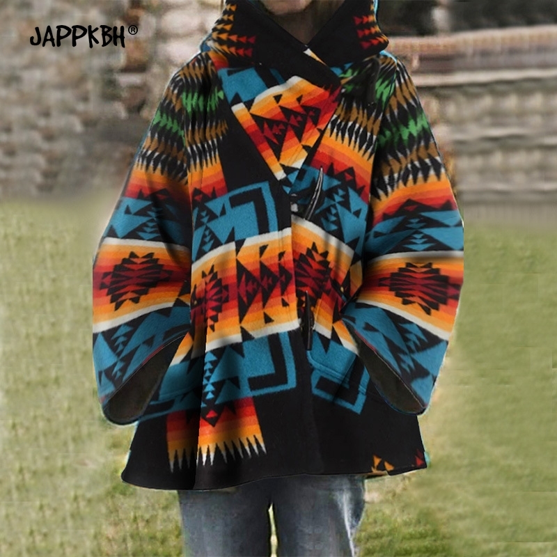 Vintage Geometry Print Hooded Long Jacket Women Autumn Winter Casual Oversized Woolen Coat Female Thick Warm Loose Outwear 201030