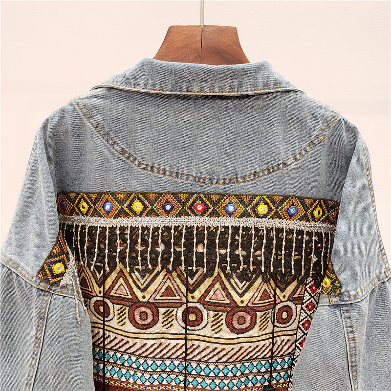 Vintage Jeans Jacket Coat Women Tassel Embroidery Flowers Denim Loose Long Sleeve Short Bohemia Female Outwear 201017
