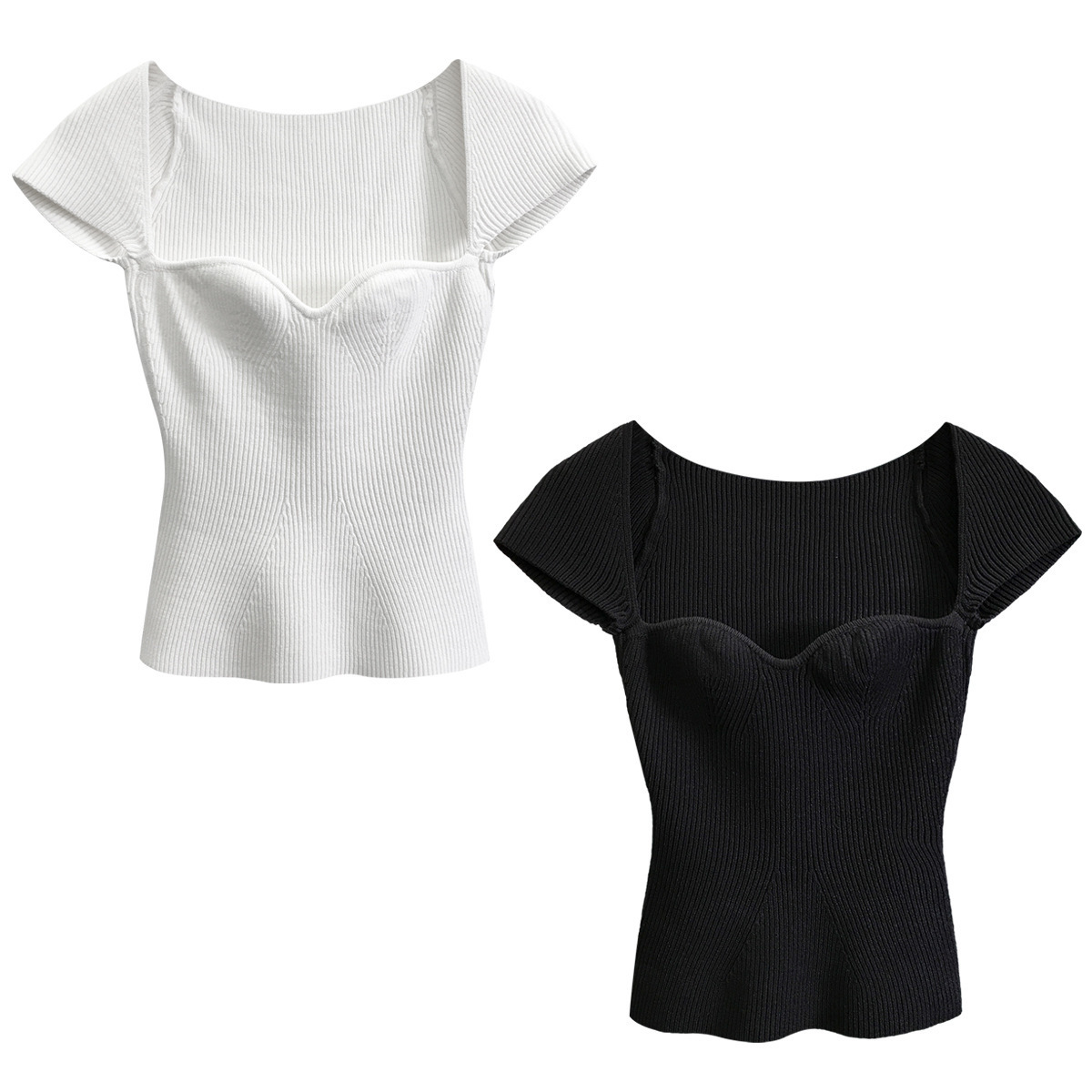 Getspring Women Sweater Square Collar Short Sleeve Sexy Pullovers Women Sweaters Black White Casual All Match Knitting Tops 200924