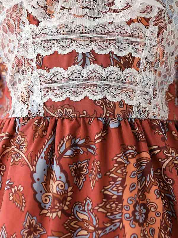 Baby Paisley Print Contrast Lace Puff Sleeve Ruffle Trim Bow Dress SHE