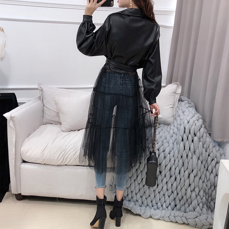 LANMREM Spring New Jackets Women Fashion Solid Color Long Mesh Gauze Stitching PU Leather Coat With Belt Female PB279 T200212