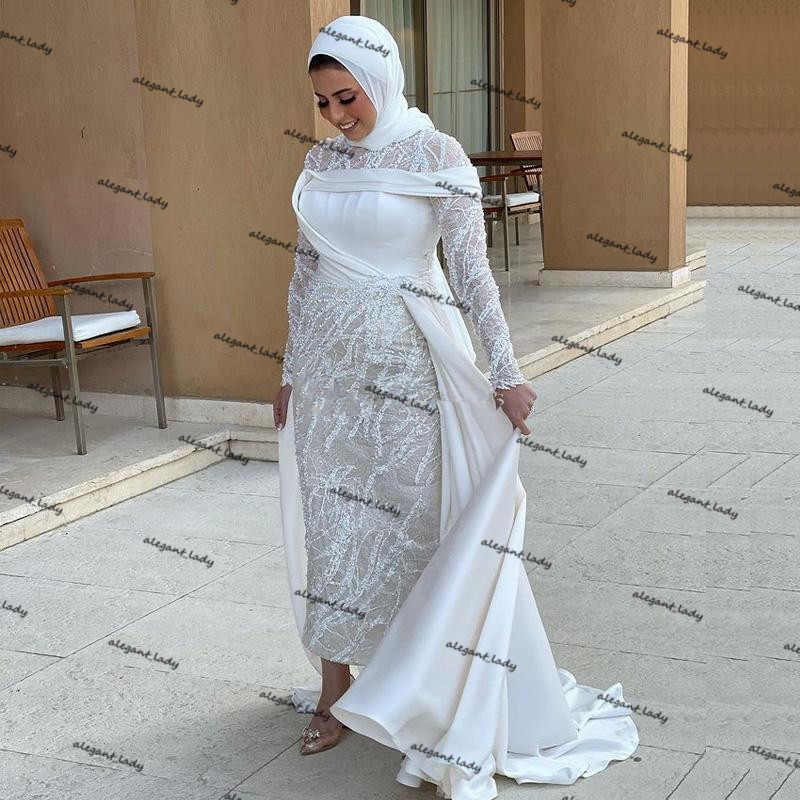 Ankle-length Muslim Mermaid Wedding Dresses with Detachable Train 2021 Jewel Neck Lace Stain Beaded Arabic Kaftan Bridal Dress