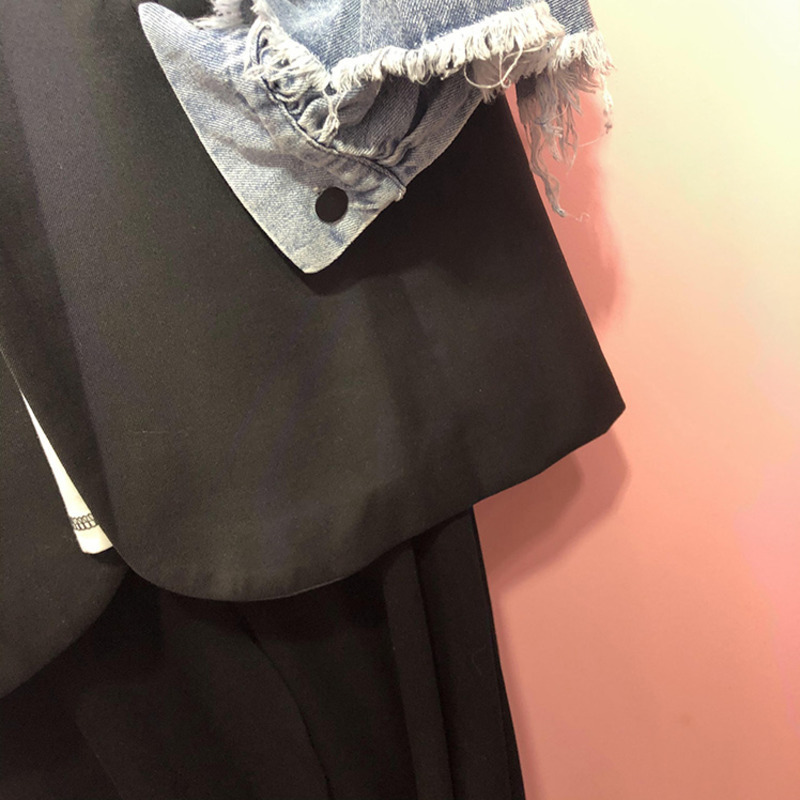 [EWQ] Autumn Ladies Fashion Blazer Denim Patchwork Long Ruffled Sleeve Loose Single Breasted Suit Coat Women Suits Outwear 201114