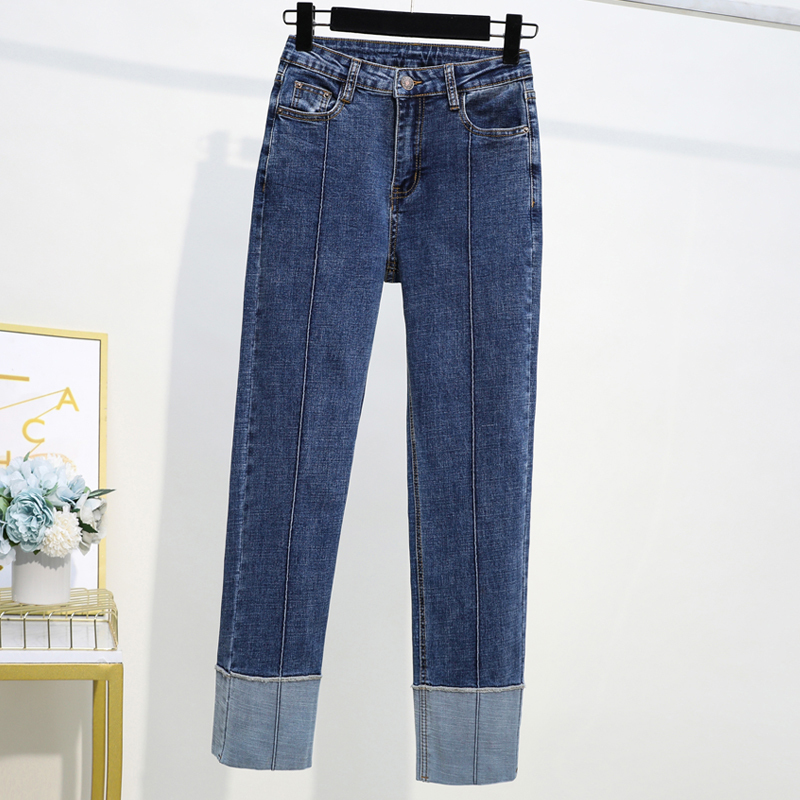 Jeans Woman Spring High Waist Plus Size Jeans Softener Zipper Fly Mom Elastic Fashion Ankle-length Straight Denim blue Pants 201029
