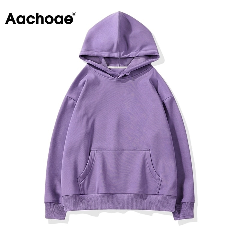 Aachoae Fleece Hooded Sweatshirt Women Autumn Winter Long Sleeve Casual Hoodies Solid Color Pocket Jacket Ladies Pullovers 201202