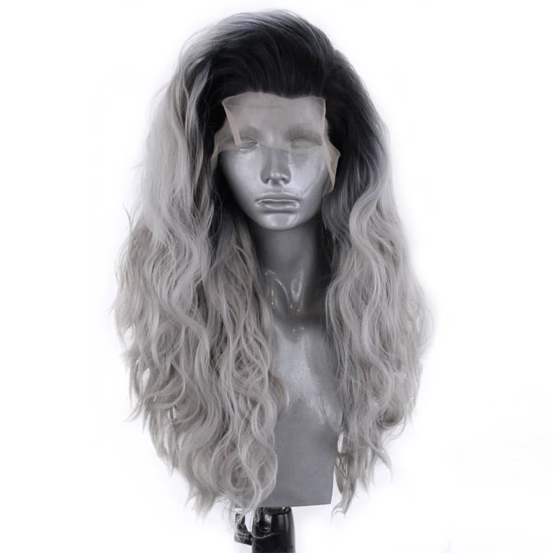 Long Wavy Ombre Grey full lace wig Heat Resistant Fiber water wave Synthetic Wig Natural Hairline For Black Women