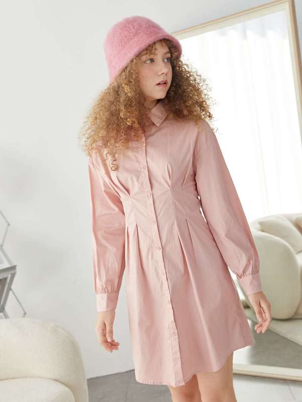 Teen Girls Solid Collared Button Up Shirt Dress SHE