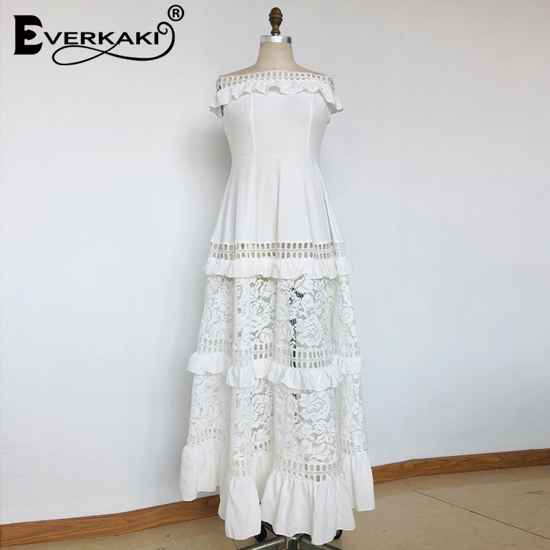 Everkaki White Maxi Dresses Women Wedding Off Shoulder Ruffles Elegant Ladies Boho Night Gown Long Dress Female Spring New T200604