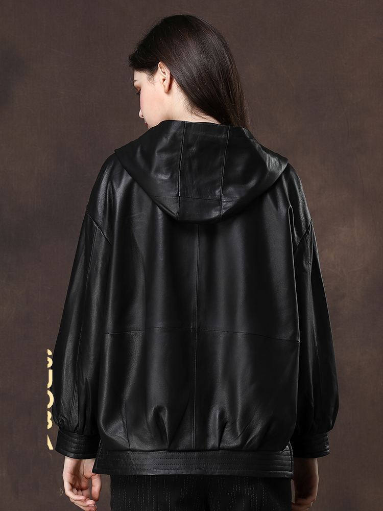 Nerazzurri Black oversized leather jacket women with hood long sleeve drop shoulder zipper plus size spring faux leather coat 201226