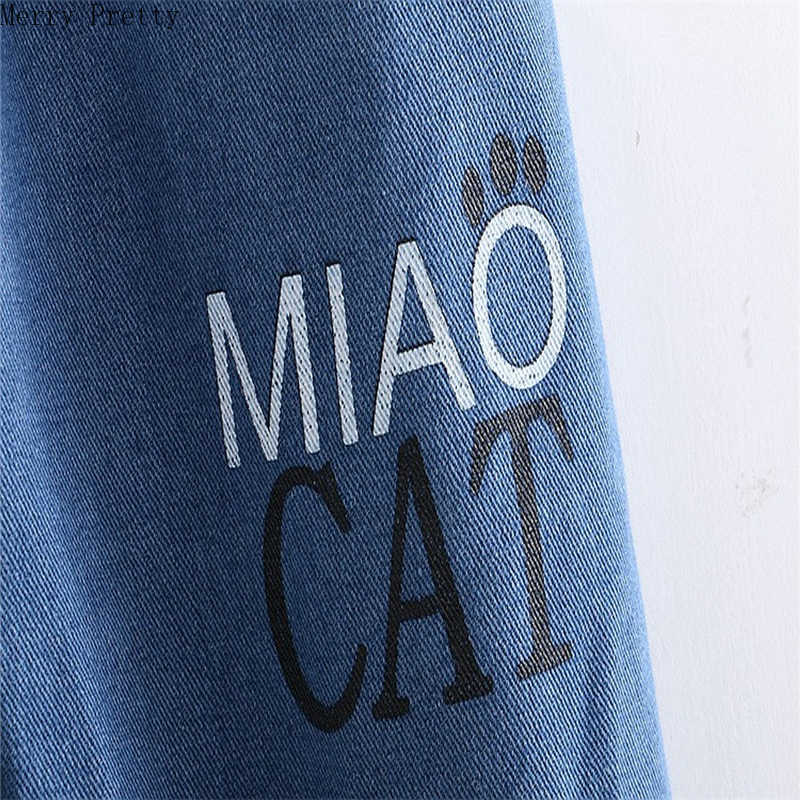 Women Cartoon Letter Print Funny Jeans Summer Fashion Bule Denim Jeans Female Ankle Length Straight Pants With Pockets 201029