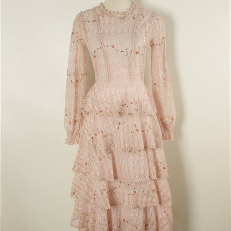 Pink Lace Embroidery Maxi Dress Female spring Winter Full sleeve high waist Ruffle elegant Long party dresses Woman 201028