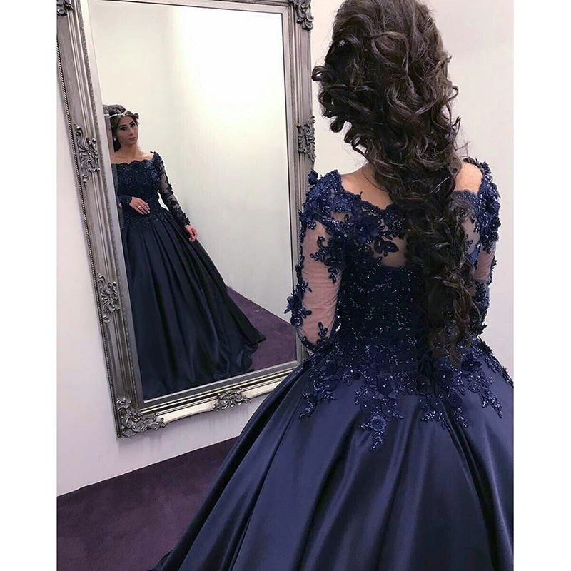 Real Image Navy Evening Dresses Beads Appliqued Lace Ball Gown Prom Dresses Long Sleeves Custom Made Sweep Train Formal Party Pageant Gown
