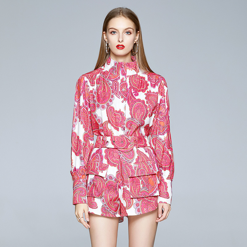 Runway Retro Print Holiday Shorts Set Women Stand Lantern Sleeve Shirts Blouses + Pocket Belt Mini Pant Set Female 2 Piece Set 201007