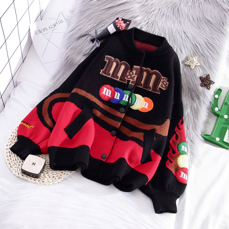 HWLZLTZHT Autumn Woman Jacket Knitted Cardigan Cartoon Harajuku Sweater Women Patchwork Woman Coat Loose Outwear 201026