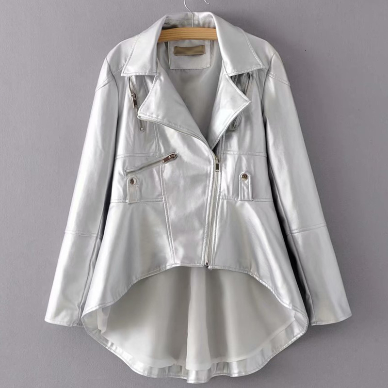 TWOTWINSTYLE Spring Woman Solid Color Long Sleeve Turn-down Collar Zippers Irregular Hem Loose PU Coat Jacket Fashion New 201023