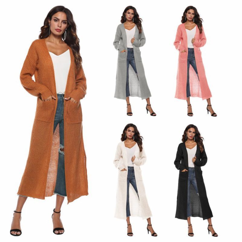 Womens Long Sleeve Open Front Cardigan Maxi Long Side Split Solid Color Knitted Sweater Irregular Slim Coat with Large Pockets 201109